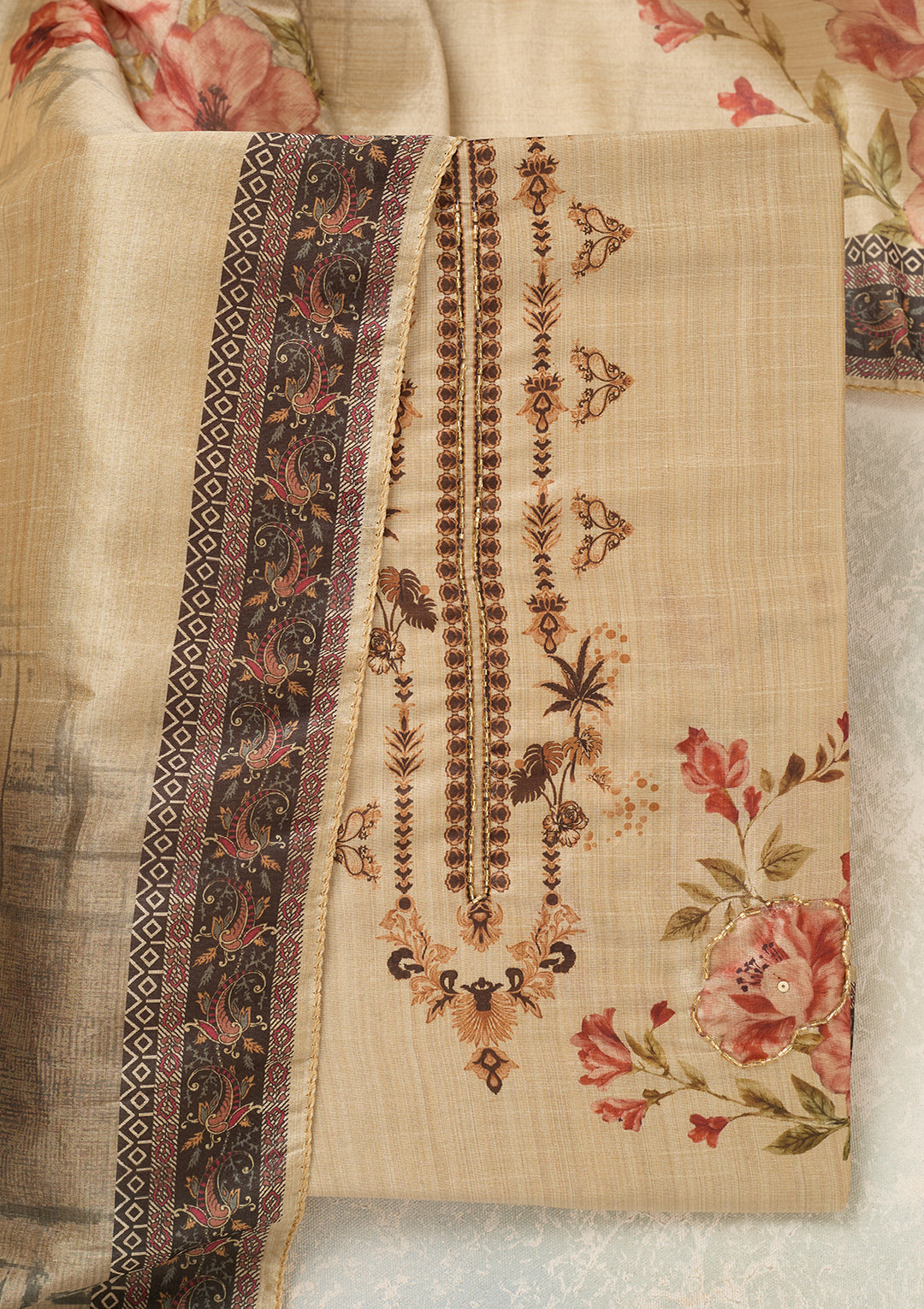 Beige Rust Chanderi Cutdana Unstitched Dress Material With Matching Bottom And Dupatta