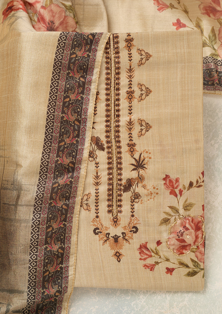 Beige Rust Chanderi Cutdana Unstitched Dress Material With Matching Bottom And Dupatta
