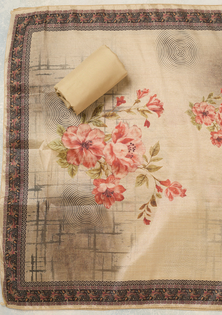 Beige Rust Chanderi Cutdana Unstitched Dress Material With Matching Bottom And Dupatta