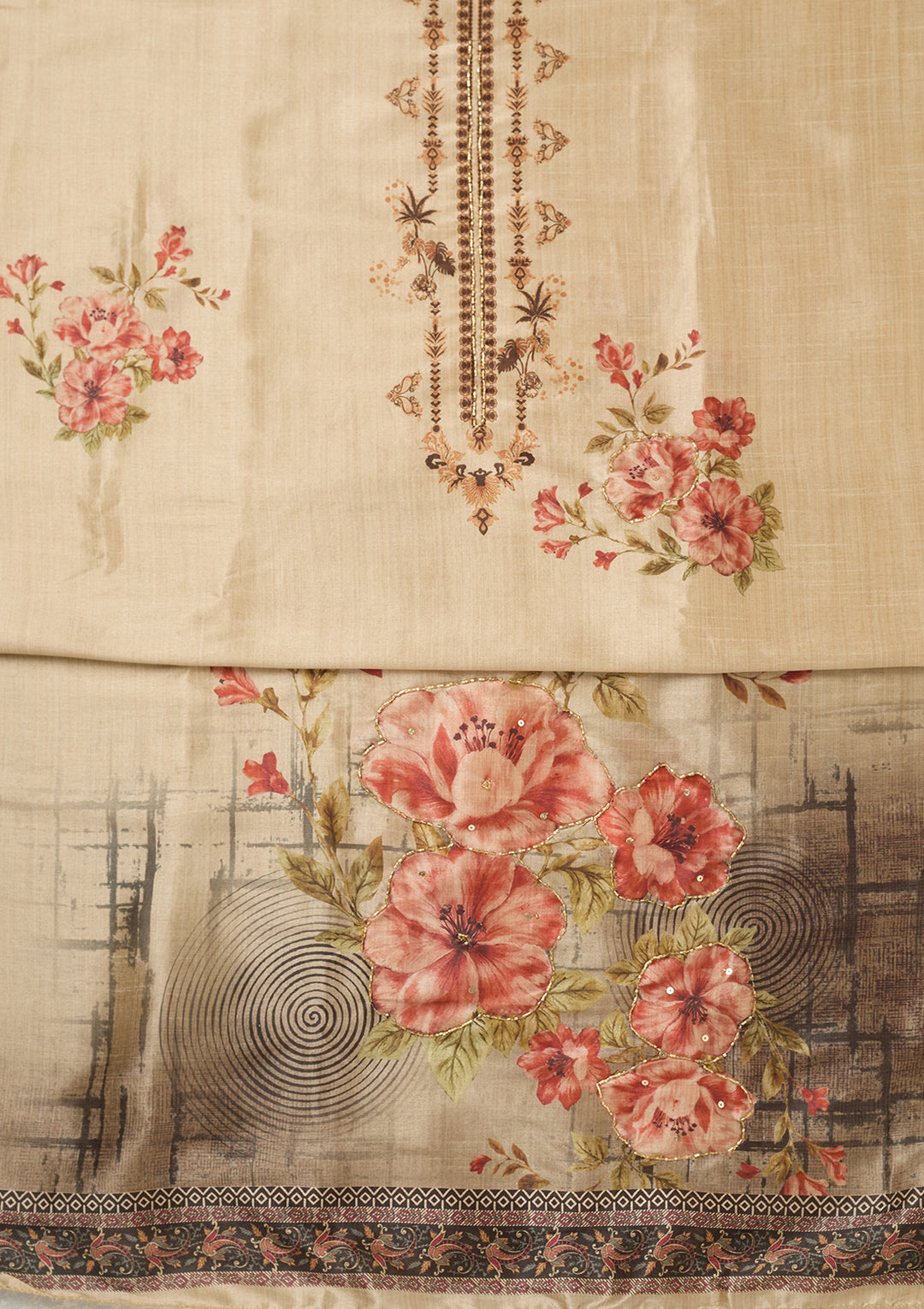 Beige Rust Chanderi Cutdana Unstitched Dress Material With Matching Bottom And Dupatta