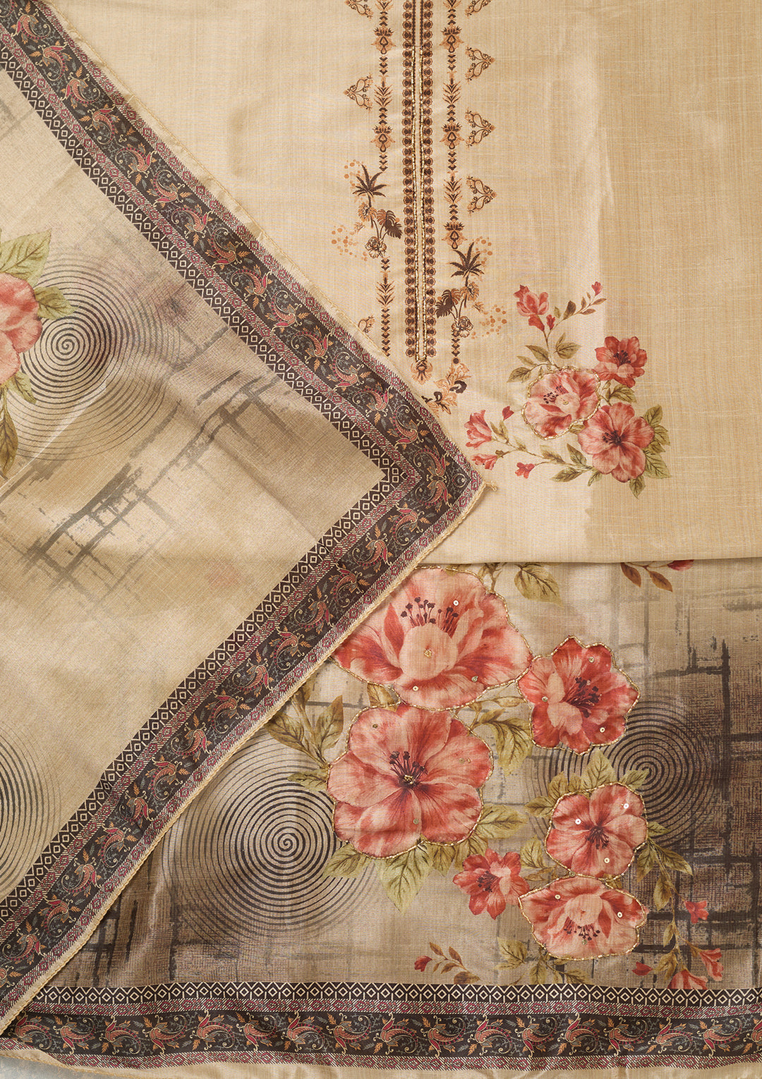 Beige Rust Chanderi Cutdana Unstitched Dress Material With Matching Bottom And Dupatta