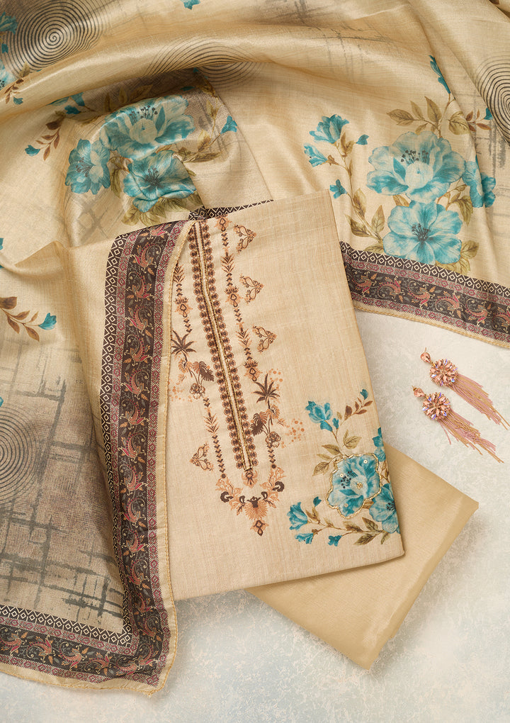Beige Turquoise Blue Chanderi Cutdana Unstitched Dress Material With Matching Bottom And Dupatta