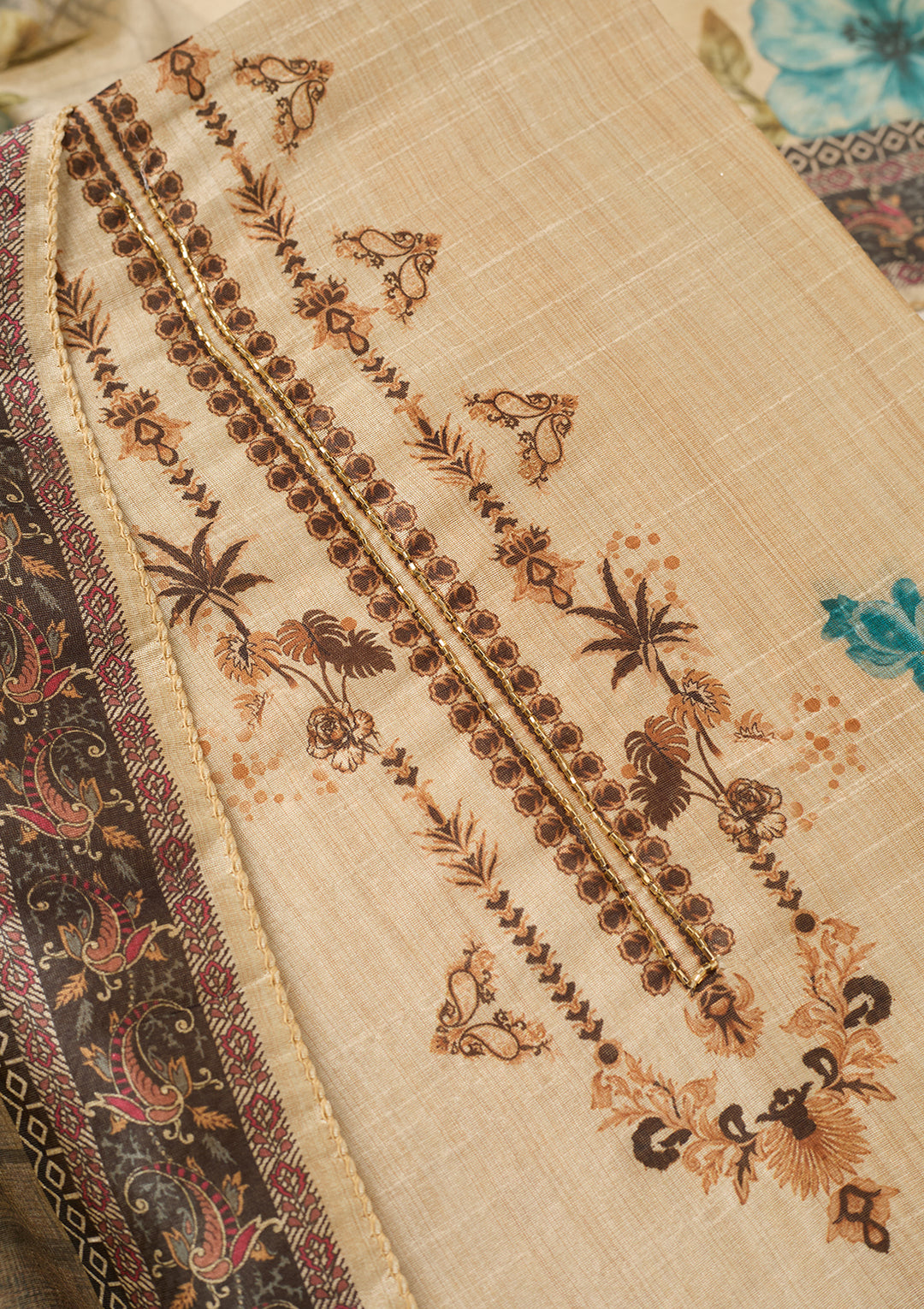 Beige Turquoise Blue Chanderi Cutdana Unstitched Dress Material With Matching Bottom And Dupatta