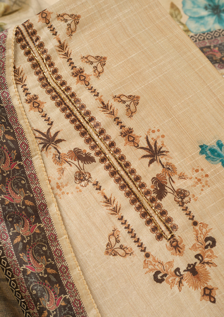 Beige Turquoise Blue Chanderi Cutdana Unstitched Dress Material With Matching Bottom And Dupatta