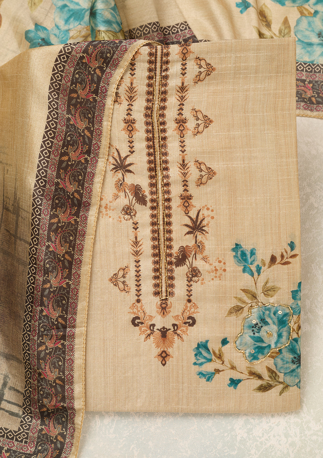 Beige Turquoise Blue Chanderi Cutdana Unstitched Dress Material With Matching Bottom And Dupatta
