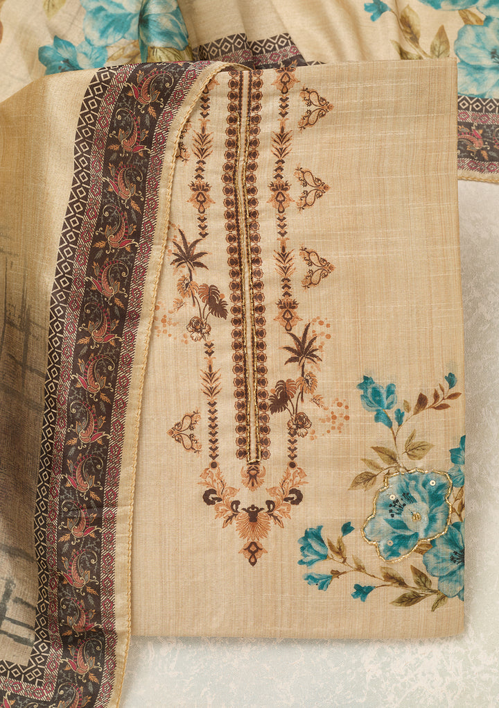 Beige Turquoise Blue Chanderi Cutdana Unstitched Dress Material With Matching Bottom And Dupatta