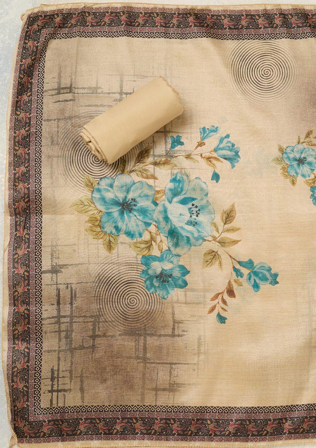 Beige Turquoise Blue Chanderi Cutdana Unstitched Dress Material With Matching Bottom And Dupatta