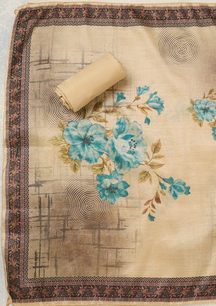 Beige Turquoise Blue Chanderi Cutdana Unstitched Dress Material With Matching Bottom And Dupatta