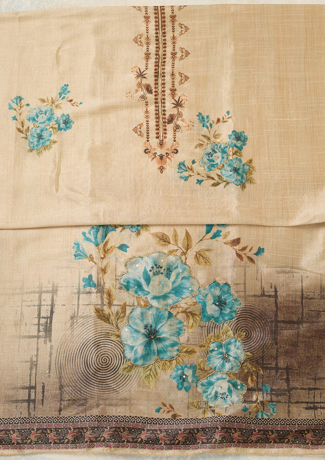 Beige Turquoise Blue Chanderi Cutdana Unstitched Dress Material With Matching Bottom And Dupatta