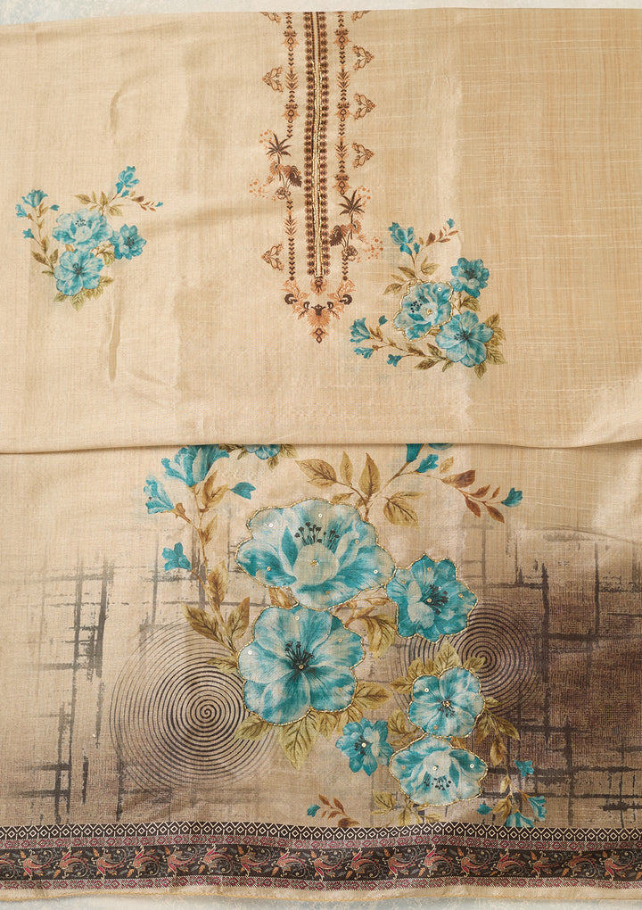 Beige Turquoise Blue Chanderi Cutdana Unstitched Dress Material With Matching Bottom And Dupatta