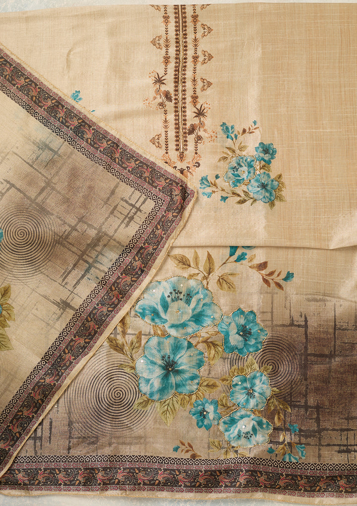Beige Turquoise Blue Chanderi Cutdana Unstitched Dress Material With Matching Bottom And Dupatta