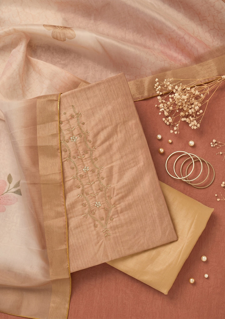 Beige Chanderi Cutdana Unstitched Dress Material With Matching Bottom And Dupatta
