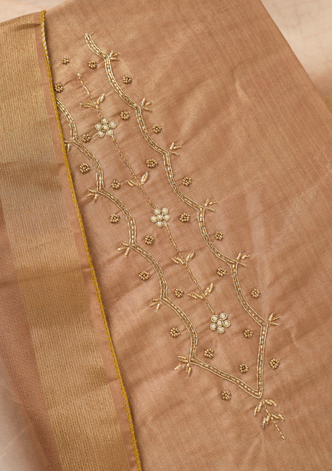 Beige Chanderi Cutdana Unstitched Dress Material With Matching Bottom And Dupatta