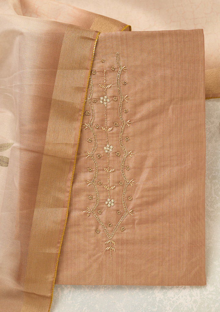 Beige Chanderi Cutdana Unstitched Dress Material With Matching Bottom And Dupatta