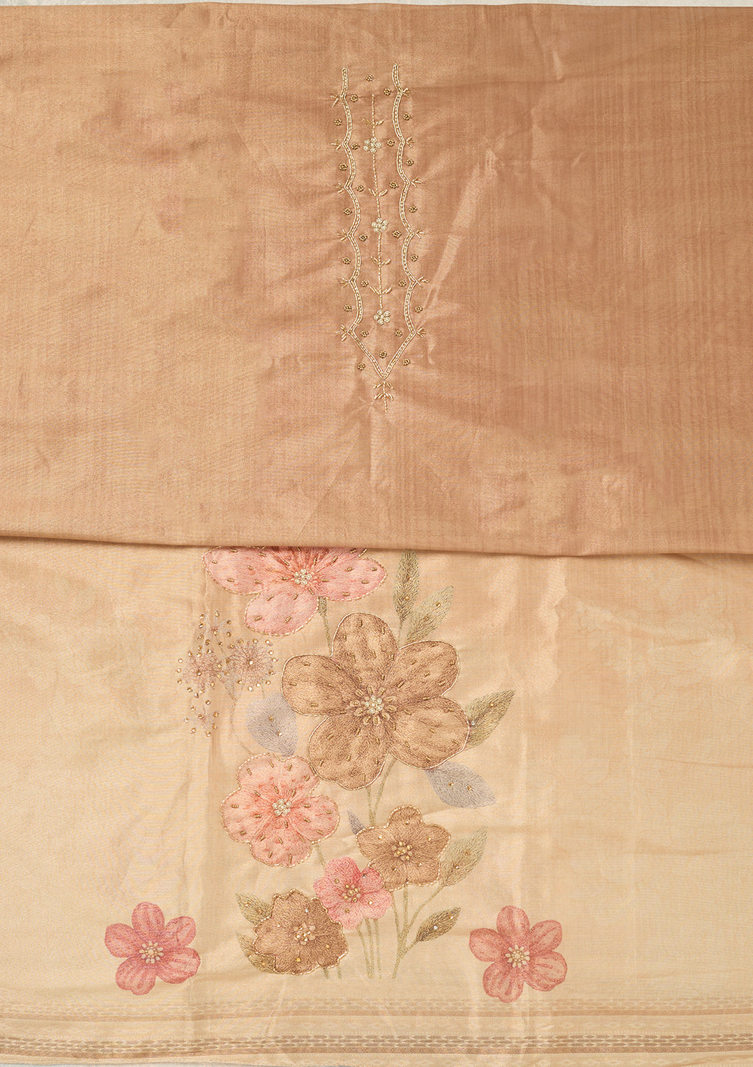 Beige Chanderi Cutdana Unstitched Dress Material With Matching Bottom And Dupatta