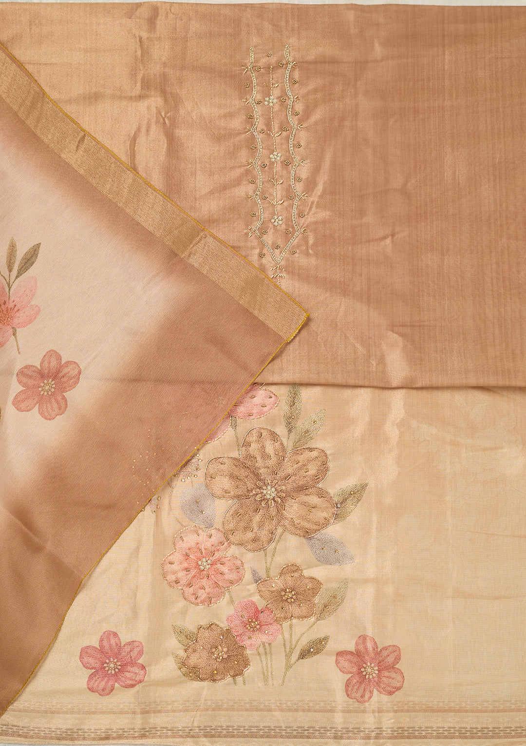 Beige Chanderi Cutdana Unstitched Dress Material With Matching Bottom And Dupatta