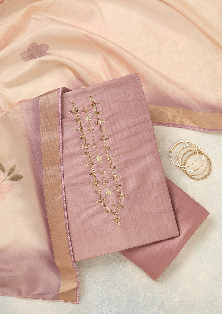 Lavender Chanderi Cutdana Unstitched Dress Material With Matching Bottom And Dupatta