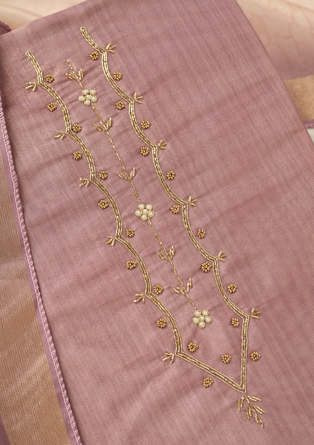 Lavender Chanderi Cutdana Unstitched Dress Material With Matching Bottom And Dupatta