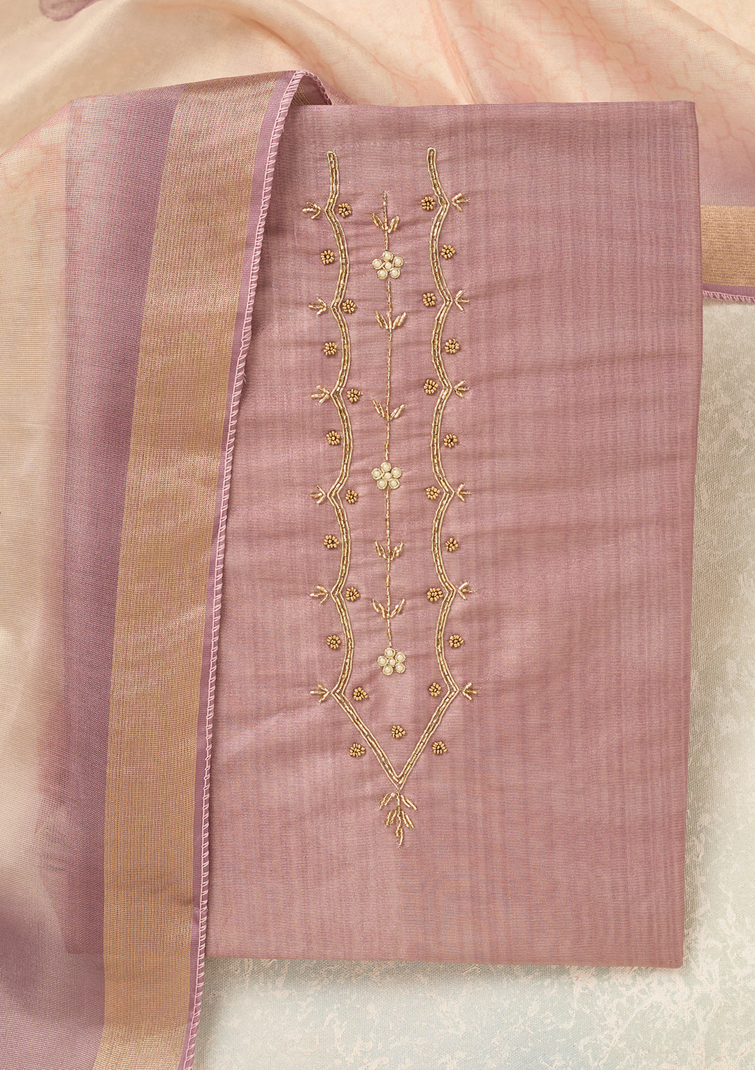 Lavender Chanderi Cutdana Unstitched Dress Material With Matching Bottom And Dupatta