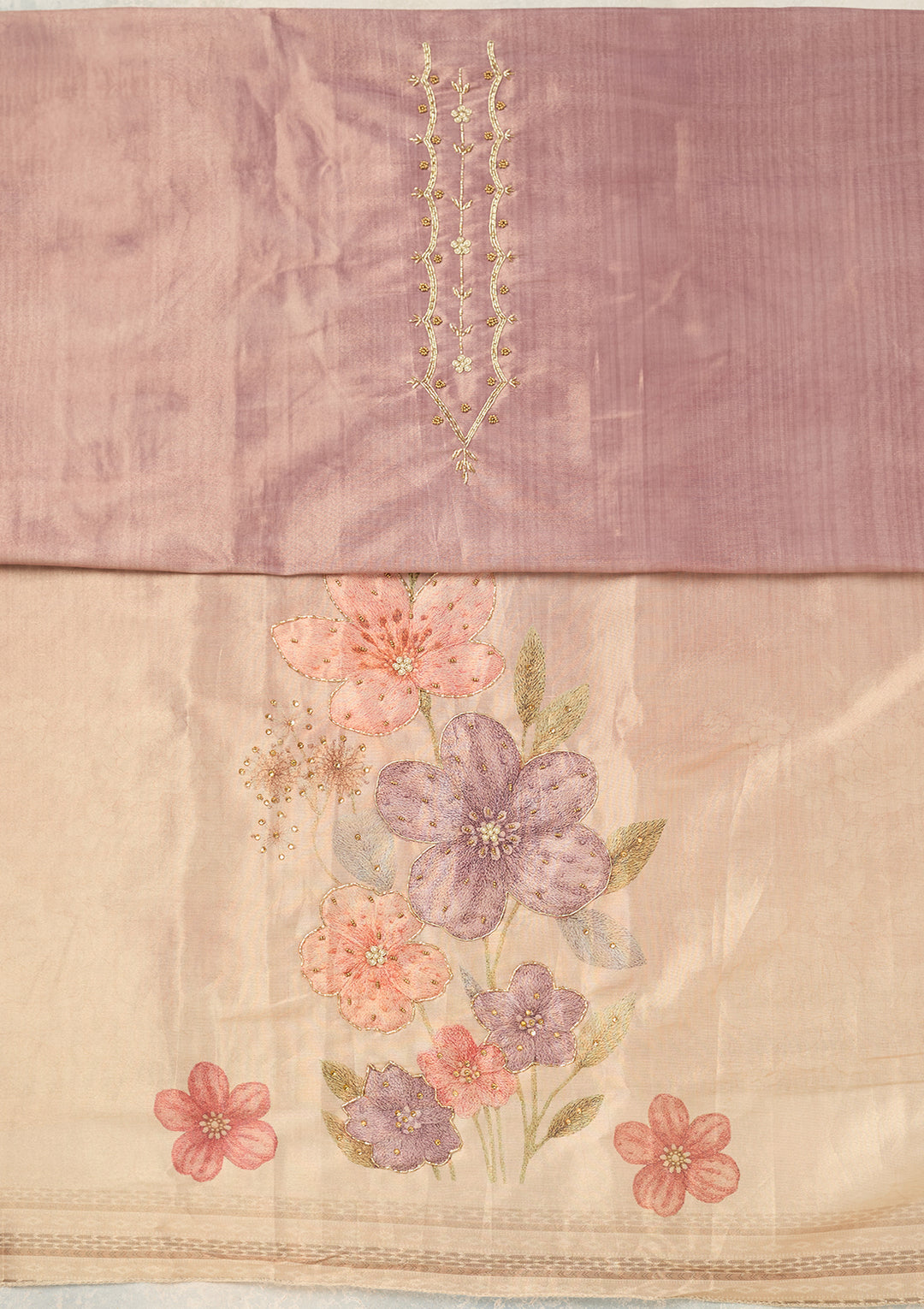 Lavender Chanderi Cutdana Unstitched Dress Material With Matching Bottom And Dupatta