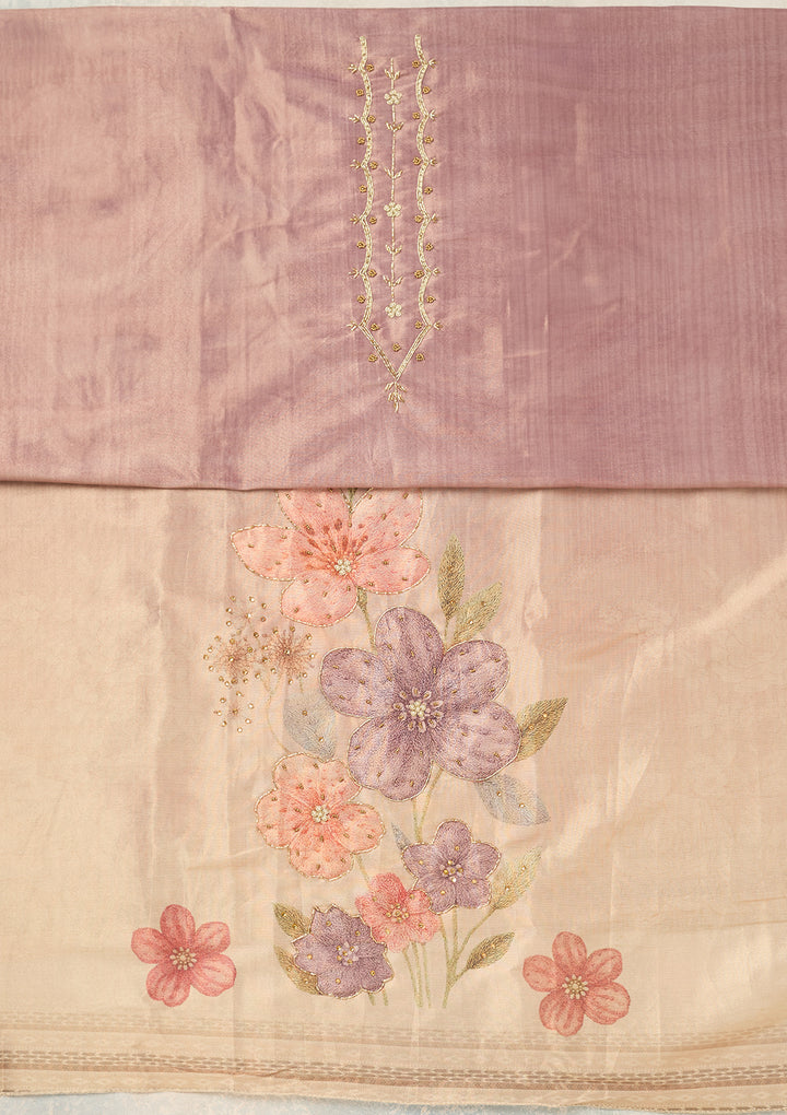 Lavender Chanderi Cutdana Unstitched Dress Material With Matching Bottom And Dupatta