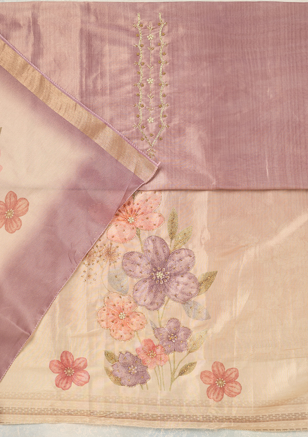 Lavender Chanderi Cutdana Unstitched Dress Material With Matching Bottom And Dupatta