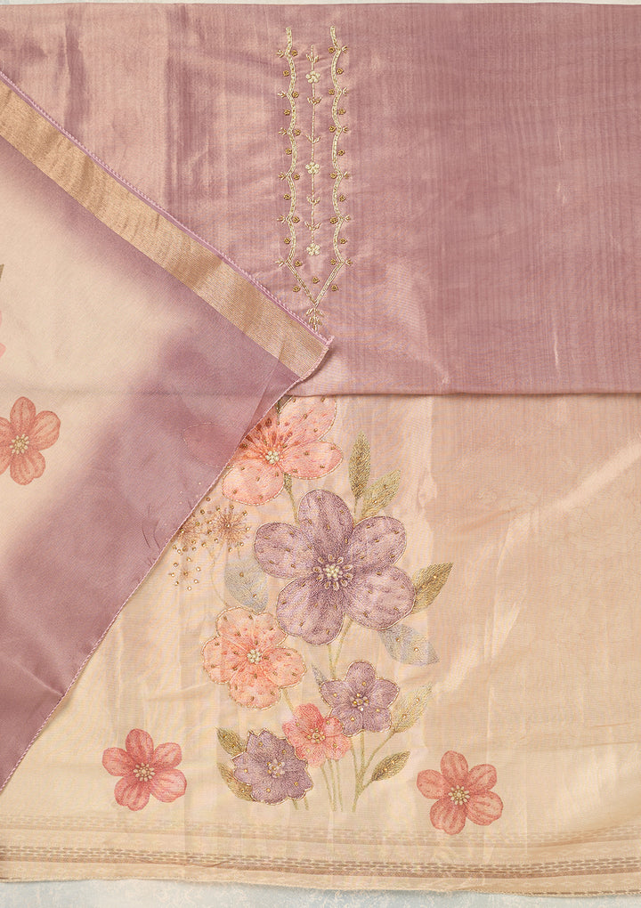 Lavender Chanderi Cutdana Unstitched Dress Material With Matching Bottom And Dupatta