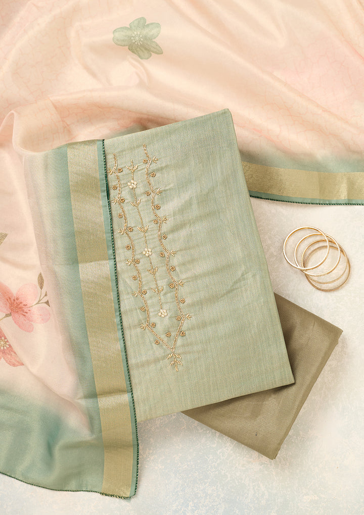 Pista Green Chanderi Cutdana Unstitched Dress Material With Matching Bottom And Dupatta