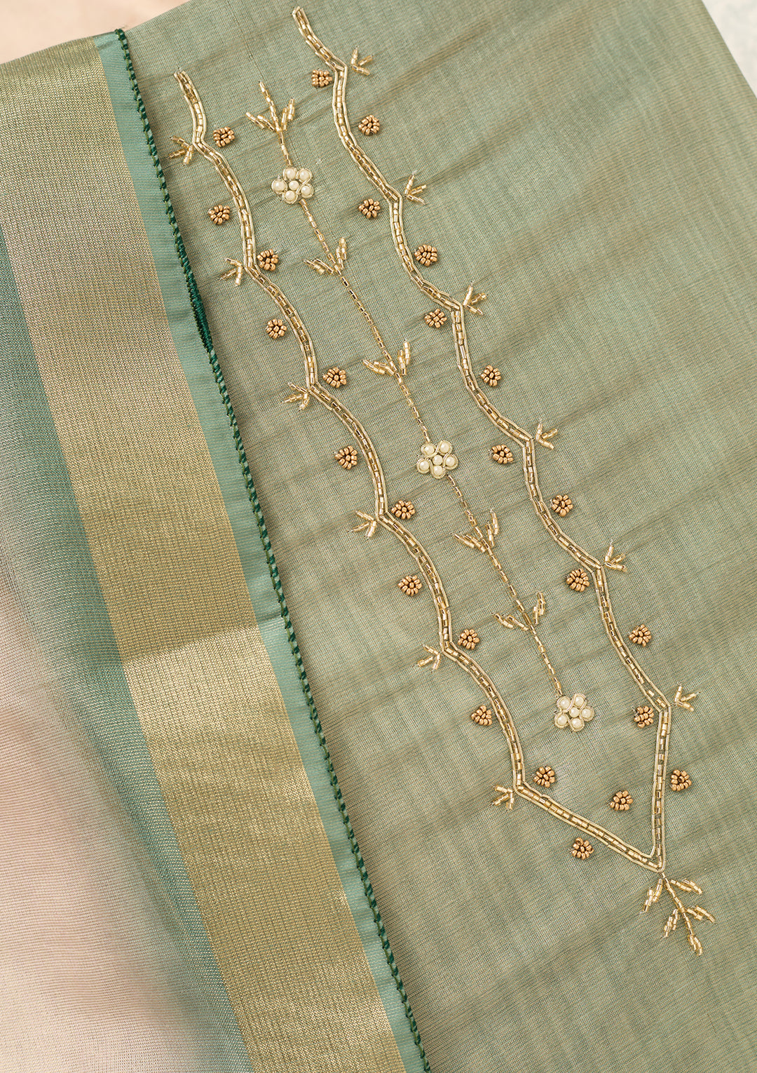 Pista Green Chanderi Cutdana Unstitched Dress Material With Matching Bottom And Dupatta
