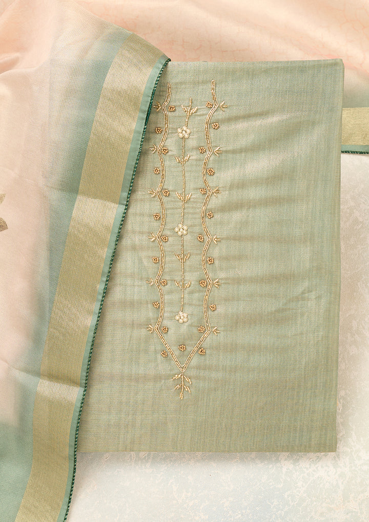 Pista Green Chanderi Cutdana Unstitched Dress Material With Matching Bottom And Dupatta