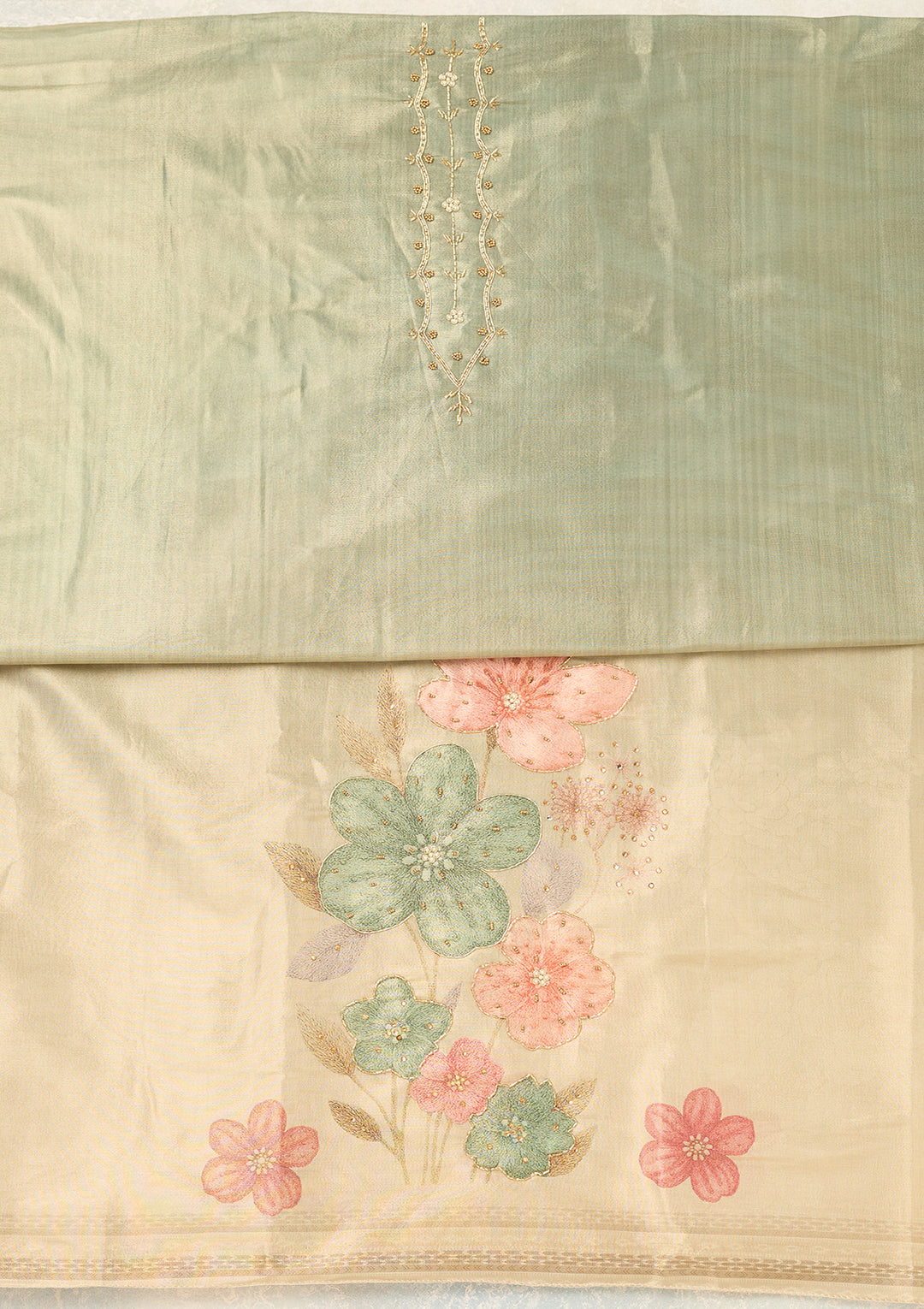 Pista Green Chanderi Cutdana Unstitched Dress Material With Matching Bottom And Dupatta