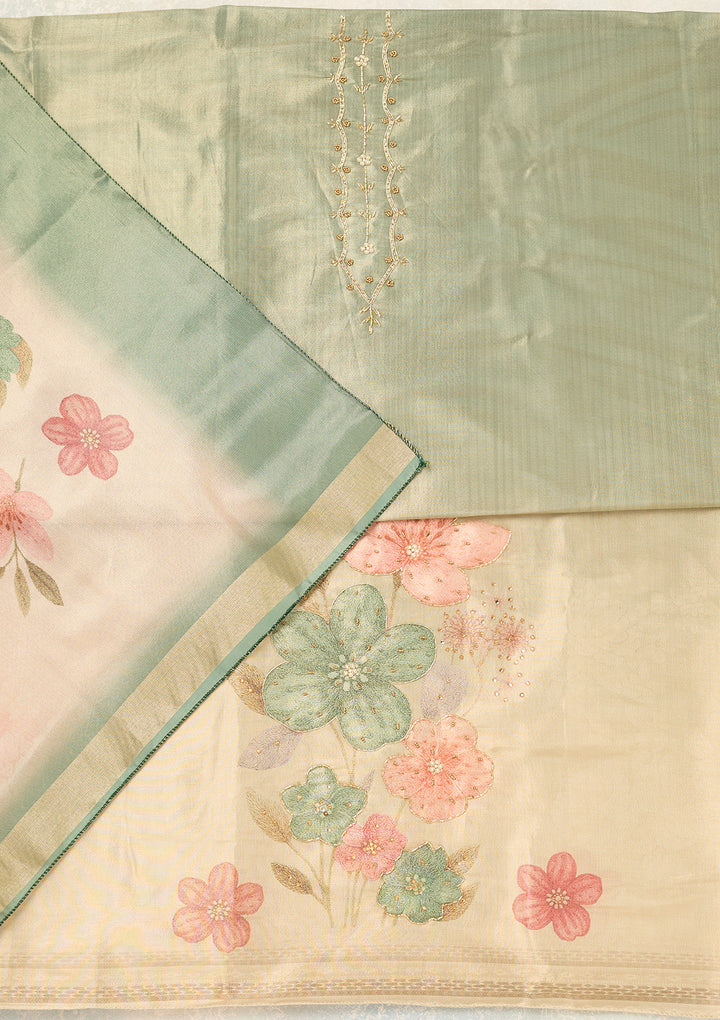 Pista Green Chanderi Cutdana Unstitched Dress Material With Matching Bottom And Dupatta