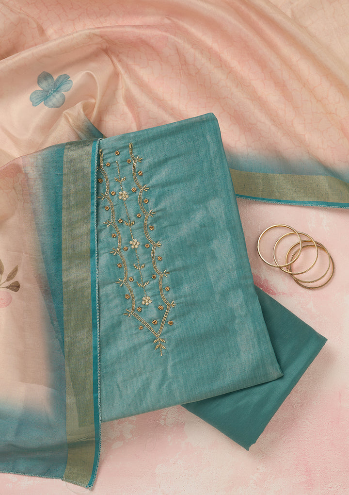 Sea Green Chanderi Cutdana Unstitched Dress Material With Matching Bottom And Dupatta