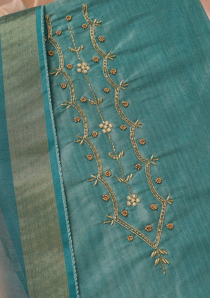 Sea Green Chanderi Cutdana Unstitched Dress Material With Matching Bottom And Dupatta
