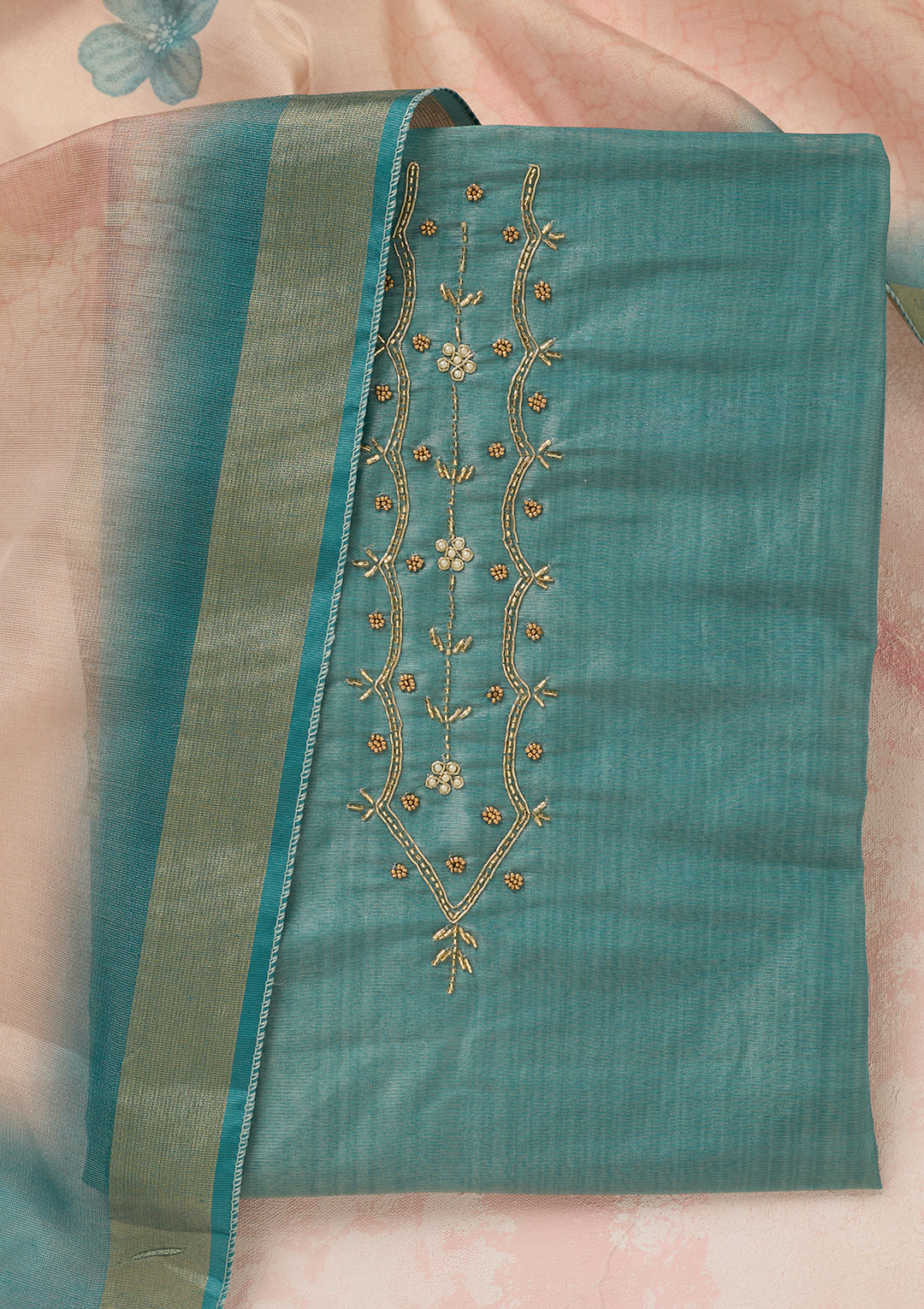 Sea Green Chanderi Cutdana Unstitched Dress Material With Matching Bottom And Dupatta