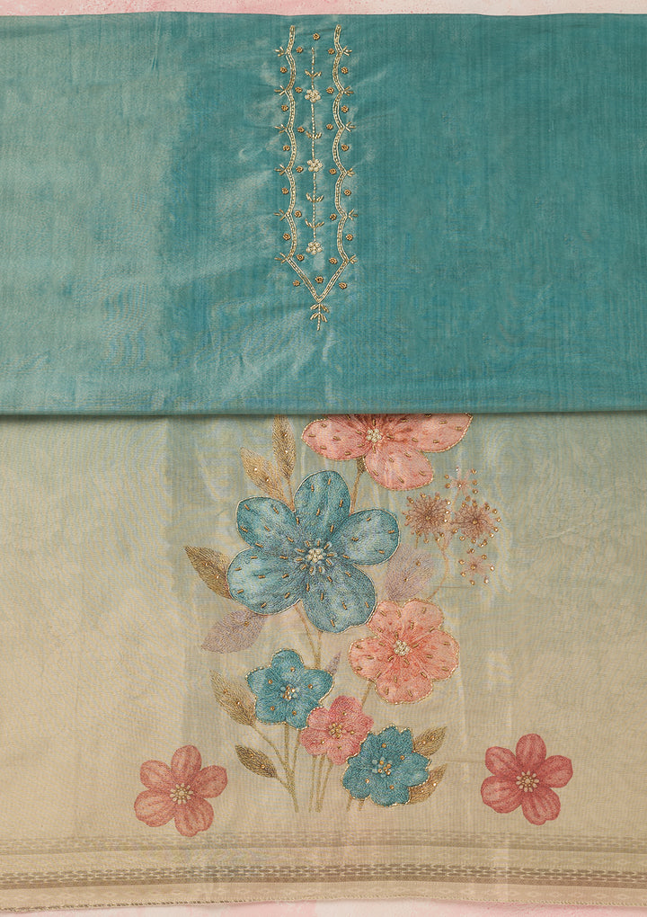 Sea Green Chanderi Cutdana Unstitched Dress Material With Matching Bottom And Dupatta
