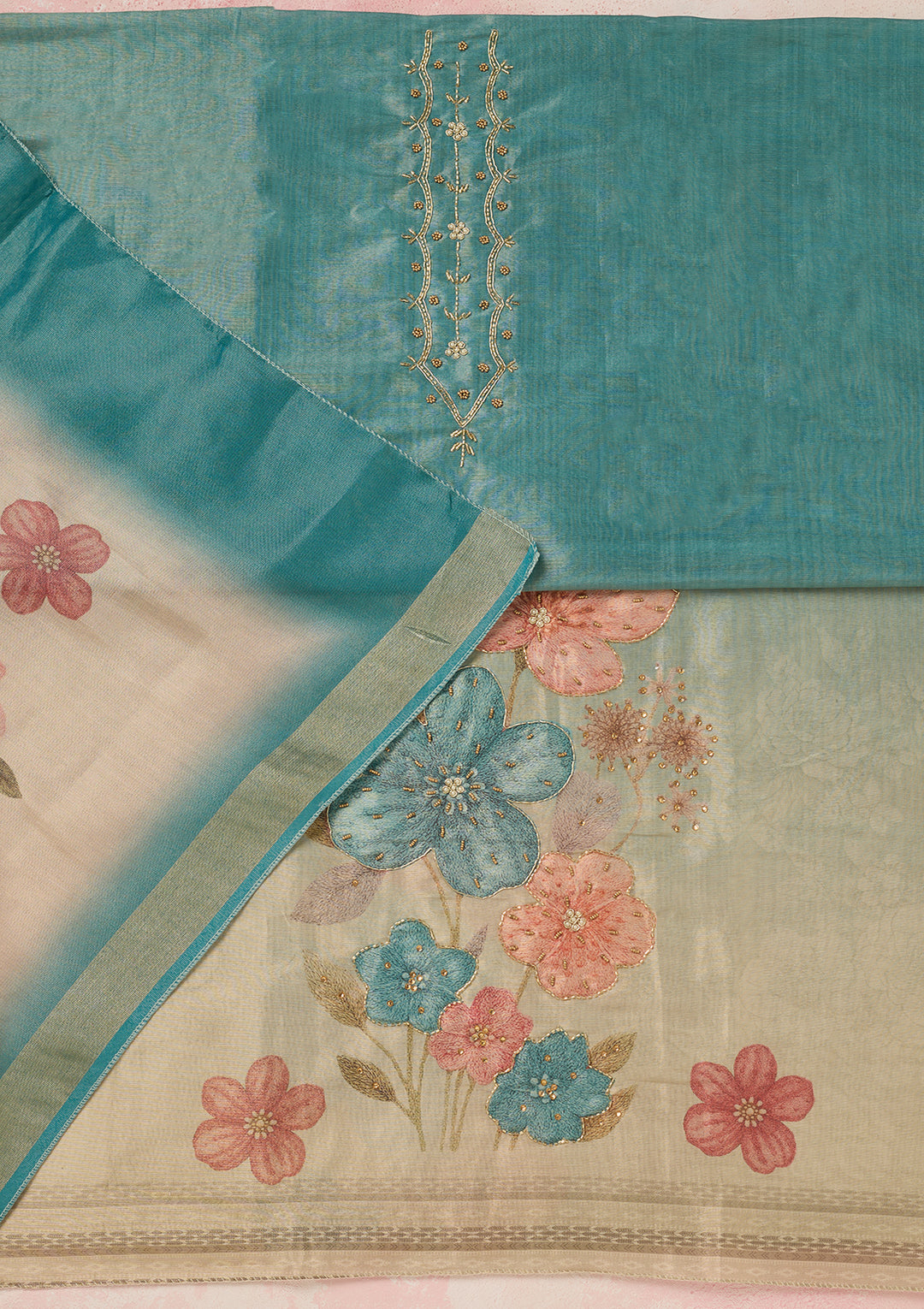 Sea Green Chanderi Cutdana Unstitched Dress Material With Matching Bottom And Dupatta