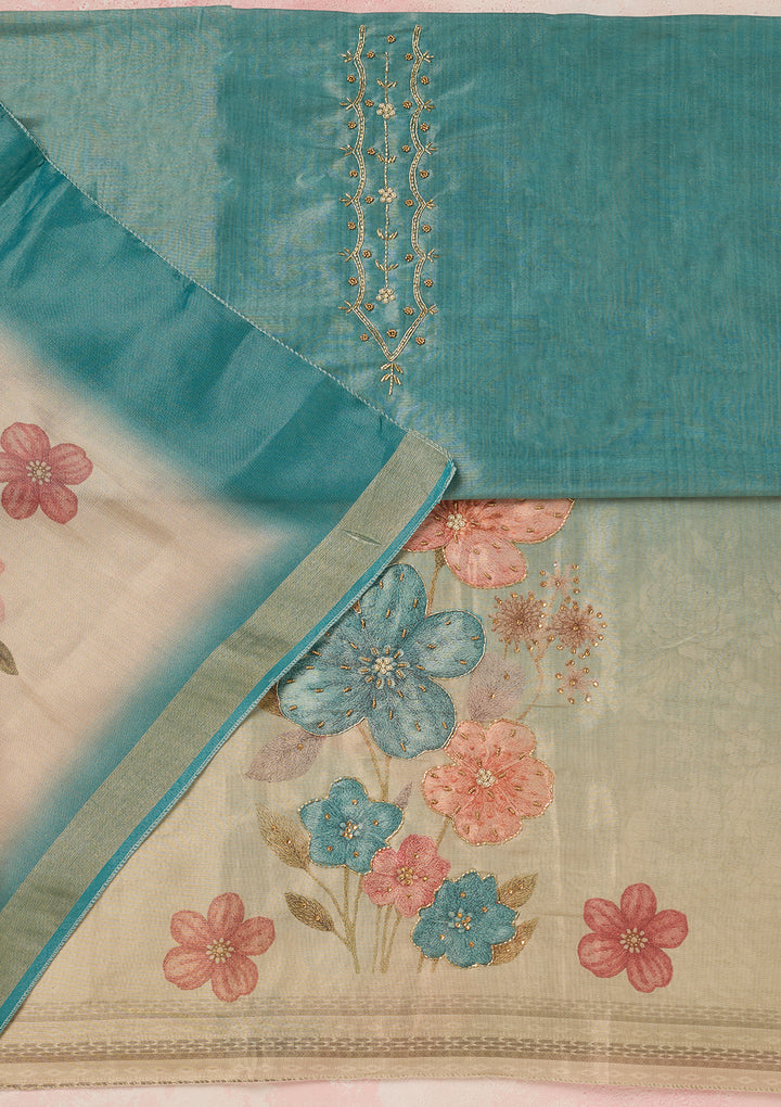 Sea Green Chanderi Cutdana Unstitched Dress Material With Matching Bottom And Dupatta