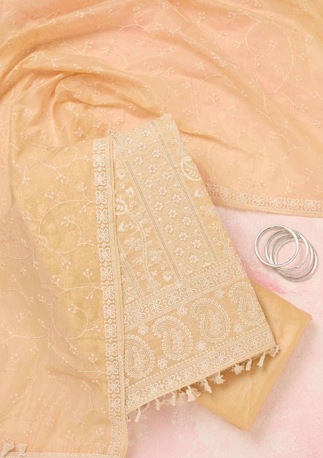 Beige Chanderi Threadwork Unstitched Dress Material With Matching Bottom And Dupatta