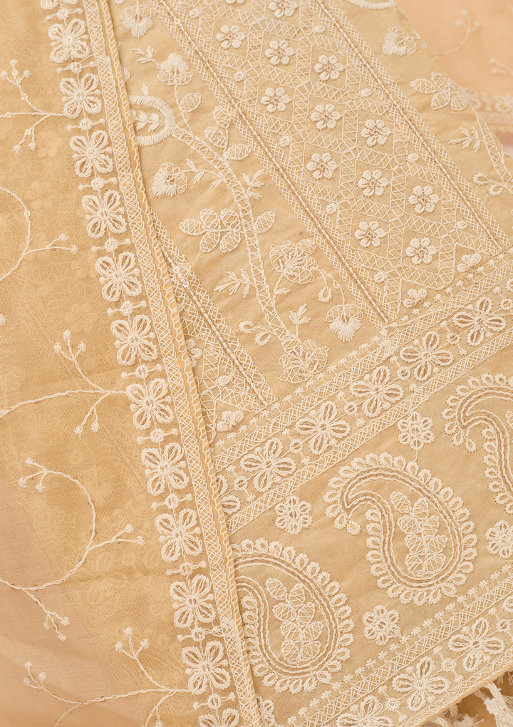 Beige Chanderi Threadwork Unstitched Dress Material With Matching Bottom And Dupatta