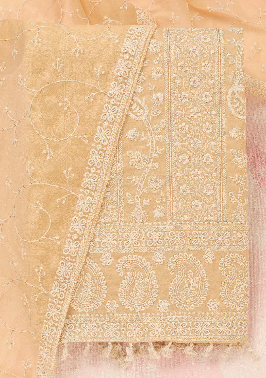 Beige Chanderi Threadwork Unstitched Dress Material With Matching Bottom And Dupatta