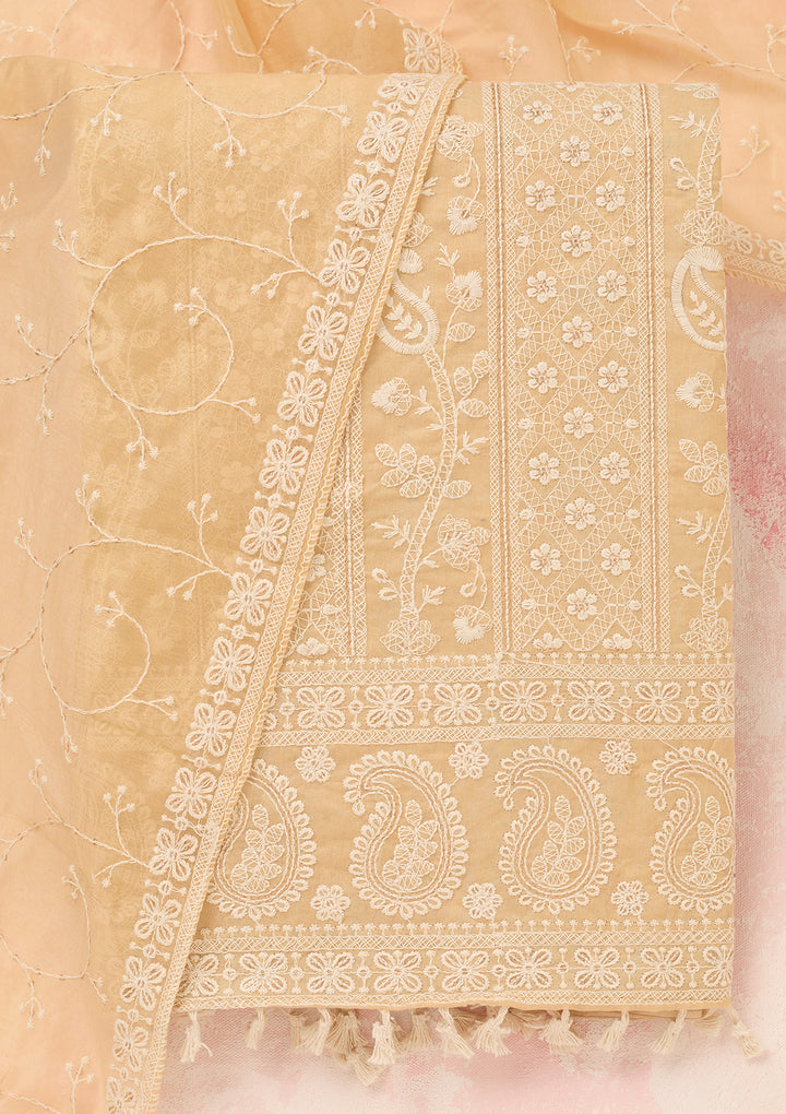 Beige Chanderi Threadwork Unstitched Dress Material With Matching Bottom And Dupatta