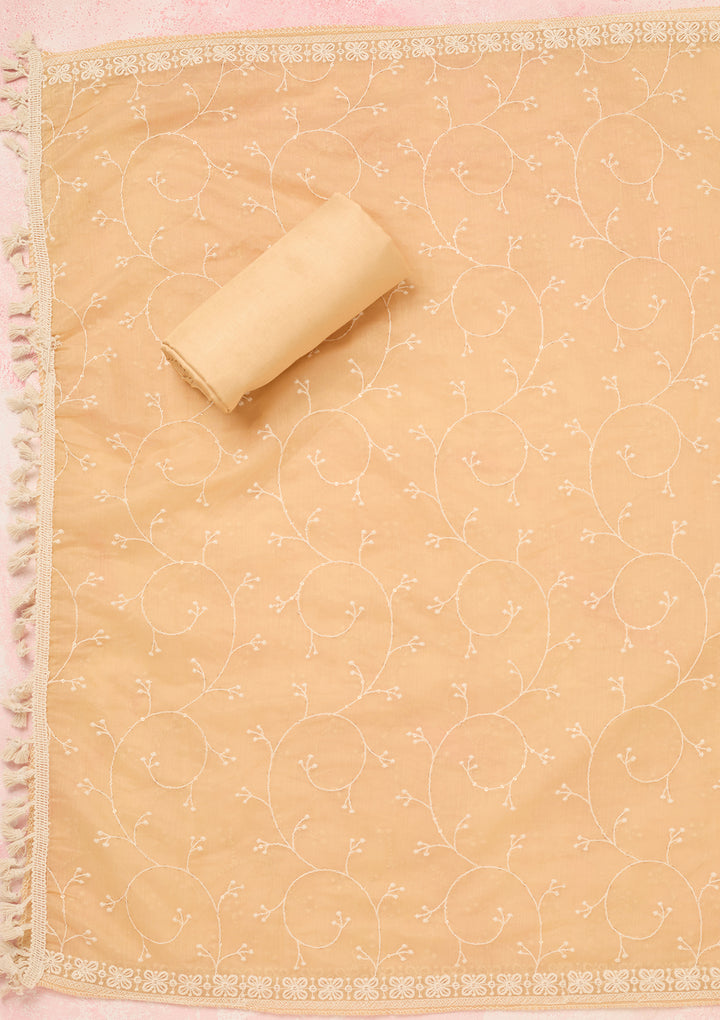 Beige Chanderi Threadwork Unstitched Dress Material With Matching Bottom And Dupatta