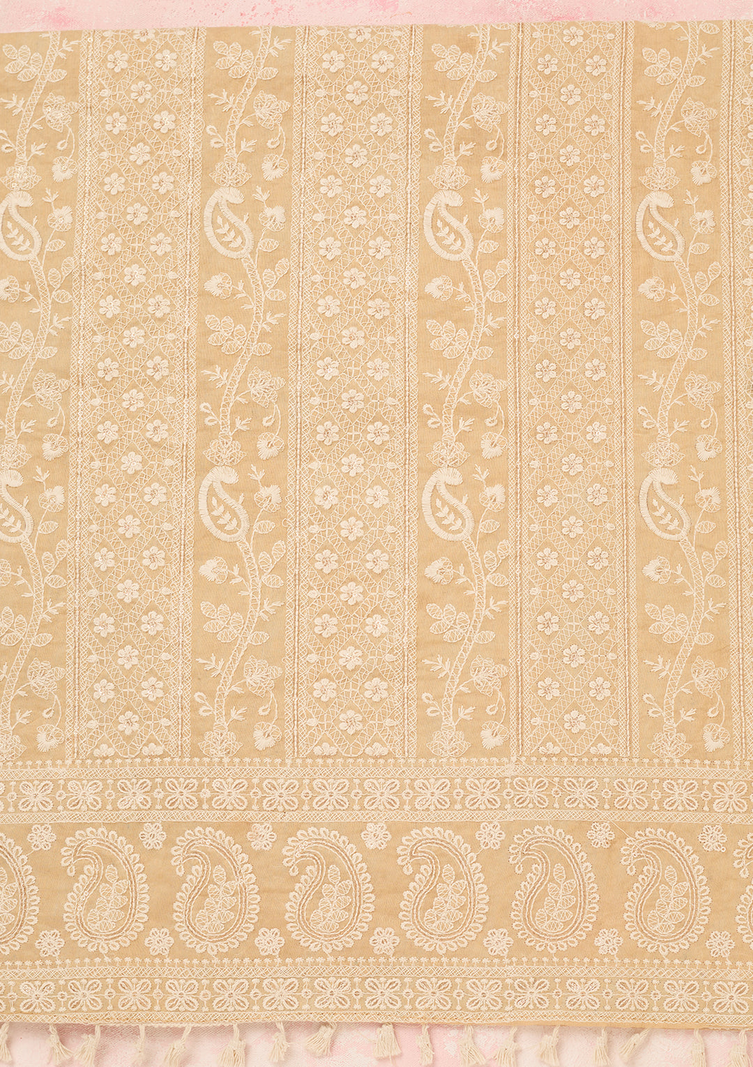 Beige Chanderi Threadwork Unstitched Dress Material With Matching Bottom And Dupatta