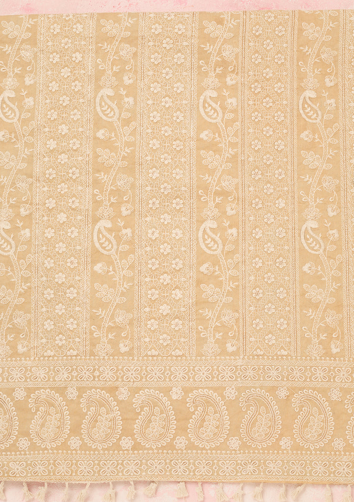 Beige Chanderi Threadwork Unstitched Dress Material With Matching Bottom And Dupatta