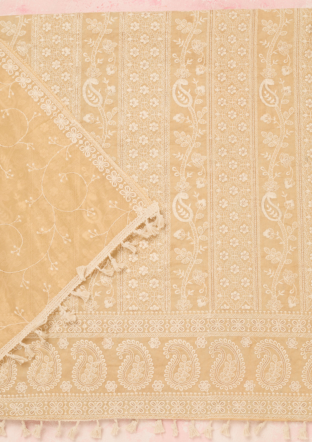 Beige Chanderi Threadwork Unstitched Dress Material With Matching Bottom And Dupatta