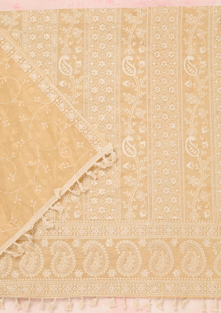Beige Chanderi Threadwork Unstitched Dress Material With Matching Bottom And Dupatta