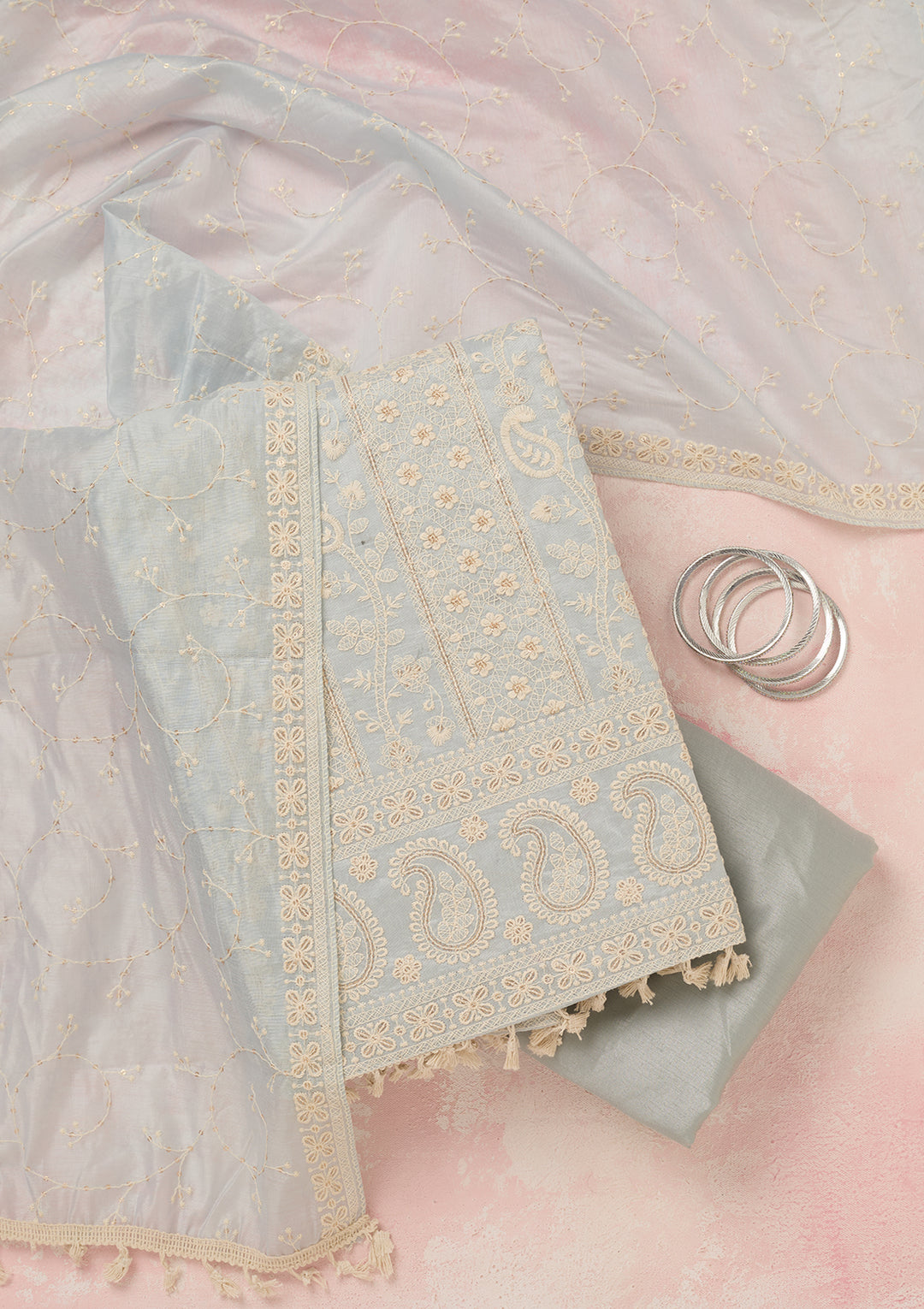 Light Grey Chanderi Threadwork Unstitched Dress Material With Matching Bottom And Dupatta