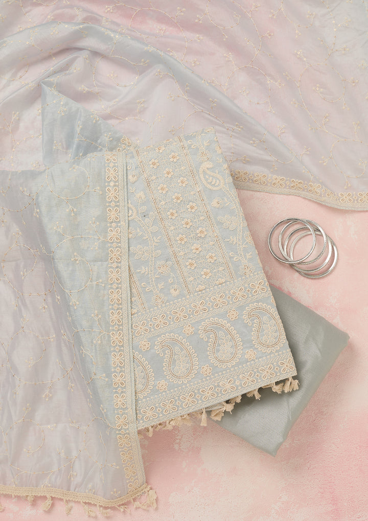 Light Grey Chanderi Threadwork Unstitched Dress Material With Matching Bottom And Dupatta