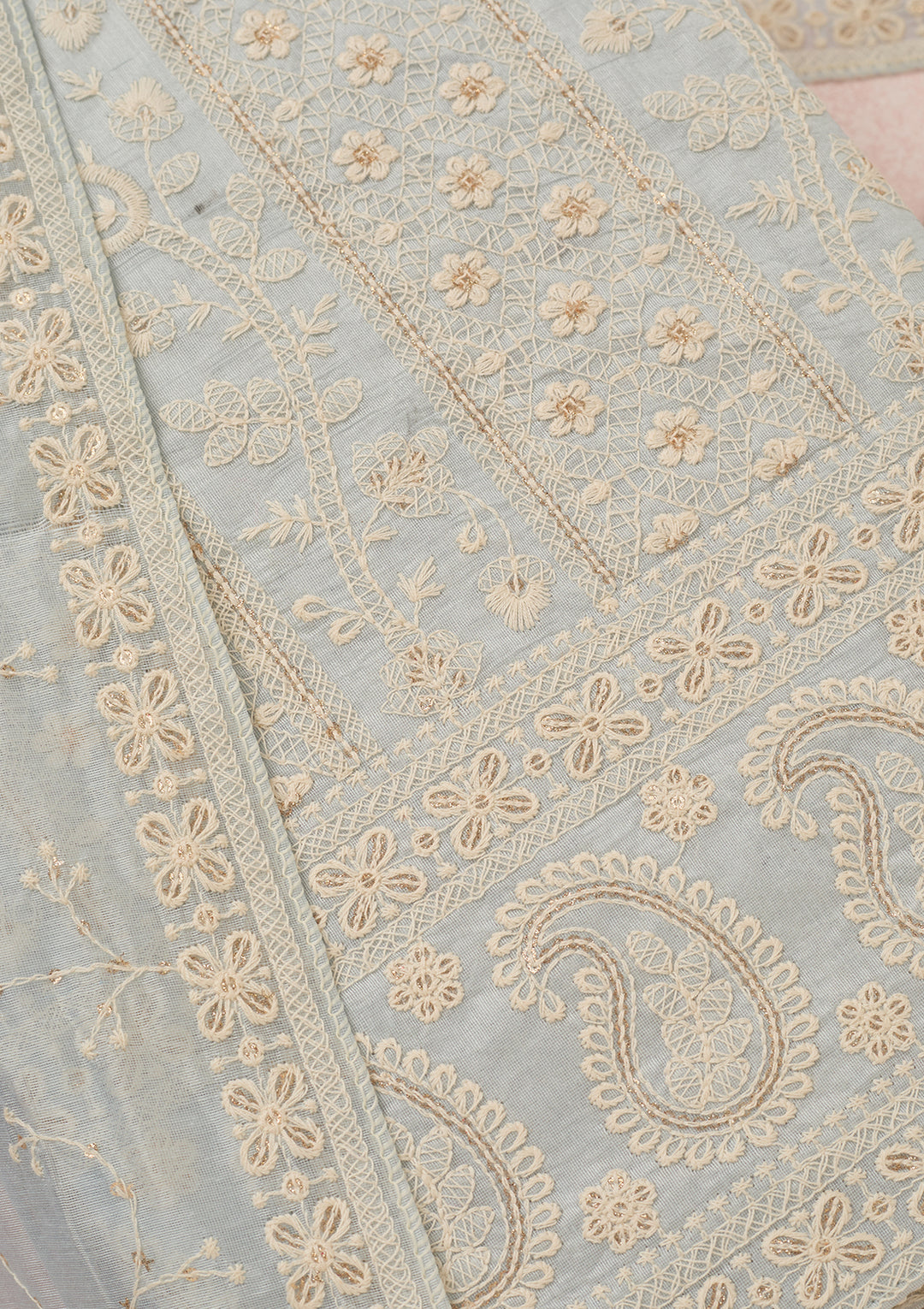 Light Grey Chanderi Threadwork Unstitched Dress Material With Matching Bottom And Dupatta